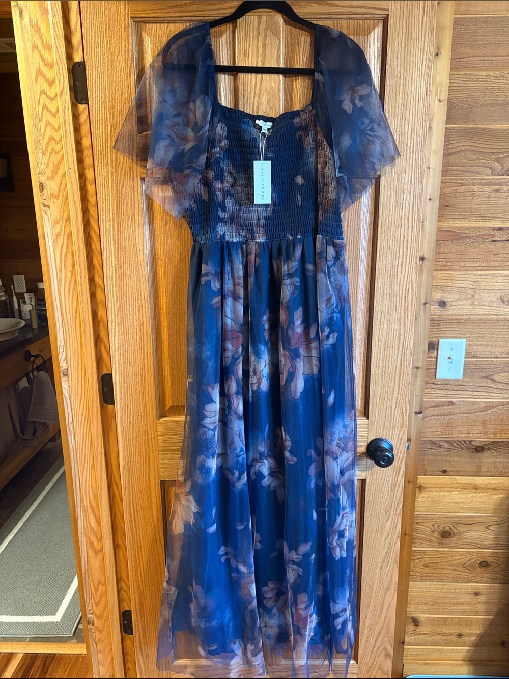 Women’s Navy Blue Floral Maxi Dress with Sheer Cape